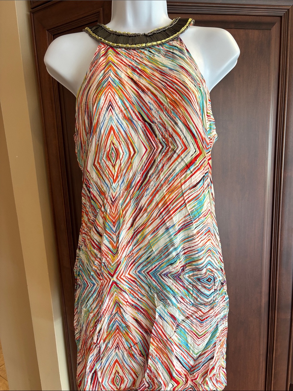 Multicolor Geo-Print Halter Mini Dress